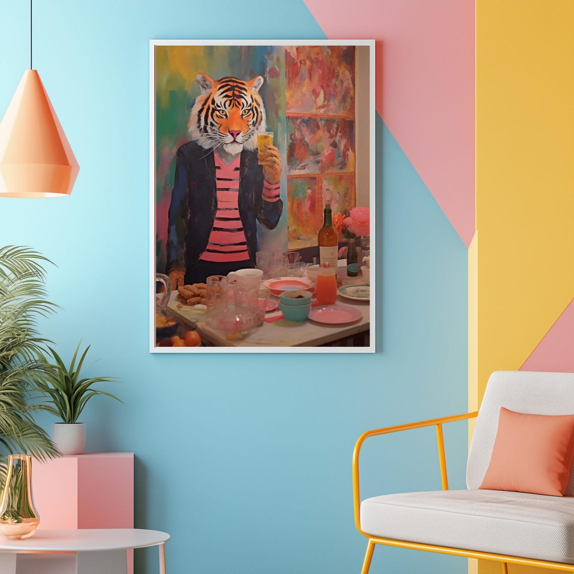 Tiger in a Navy Blazer Holding a Drink at a Party Table Poster - Image 2