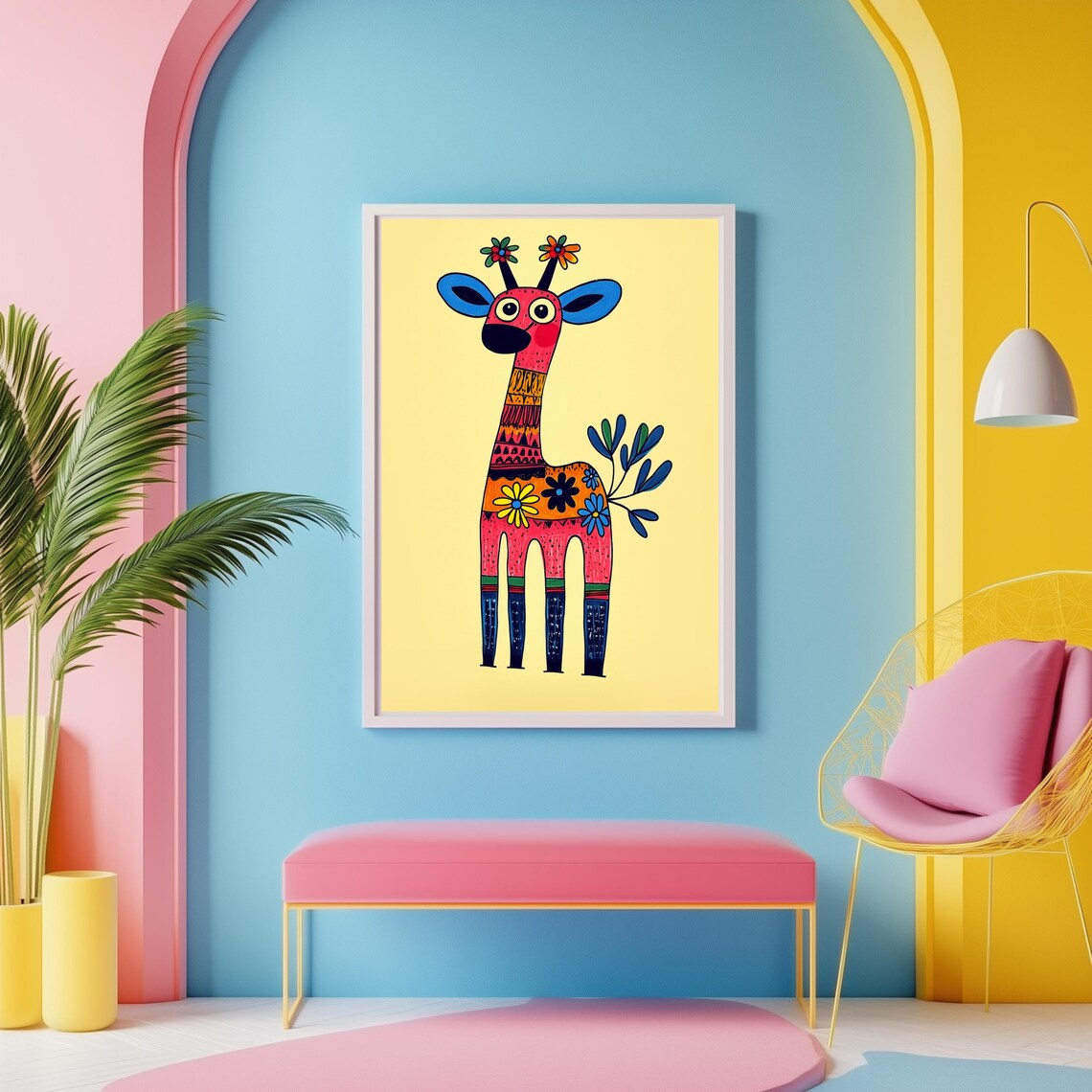 Folk Art Giraffe With Flowers Colorful Nursery Animal Poster - Image 3