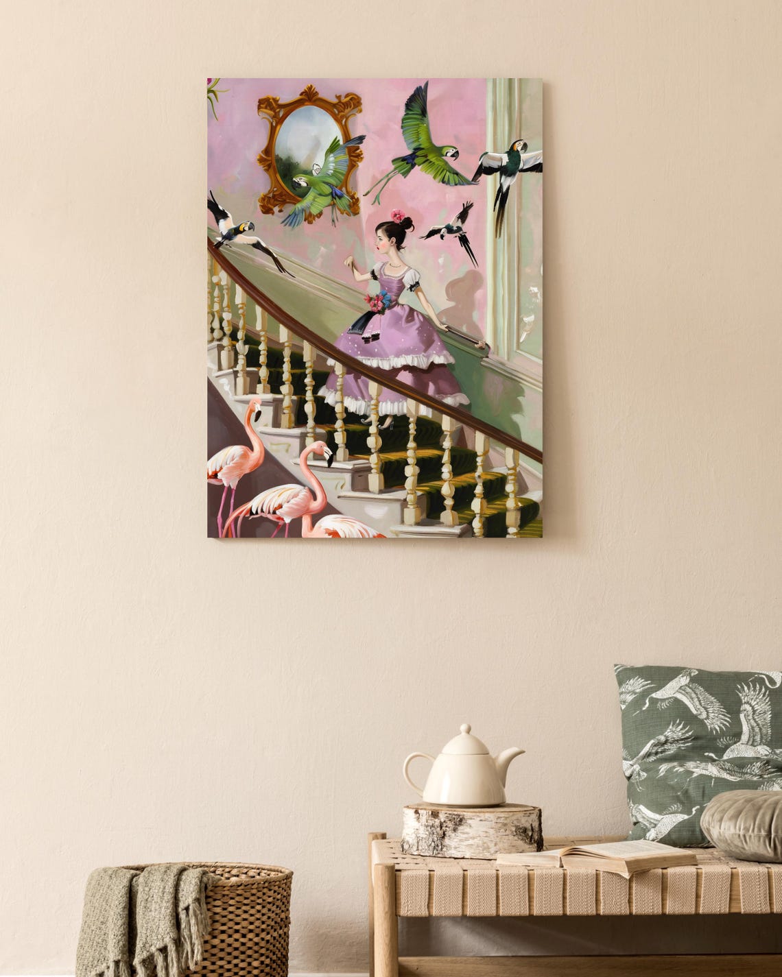 Lady Descending a Grand Staircase with Flying Parrots Poster - Image 2
