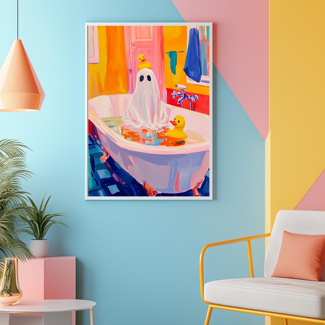 Cute Ghost Taking A Bubble Bath With Rubber Ducks Art Poster - Image 2