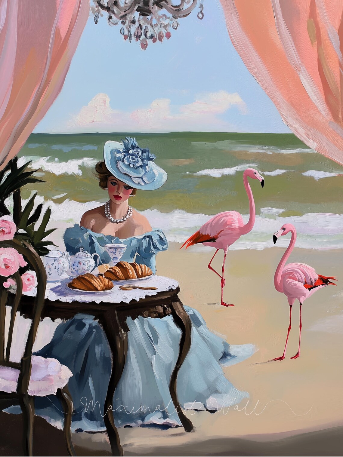 French Lady Beach Tea Party, Vintage Glamour Poster