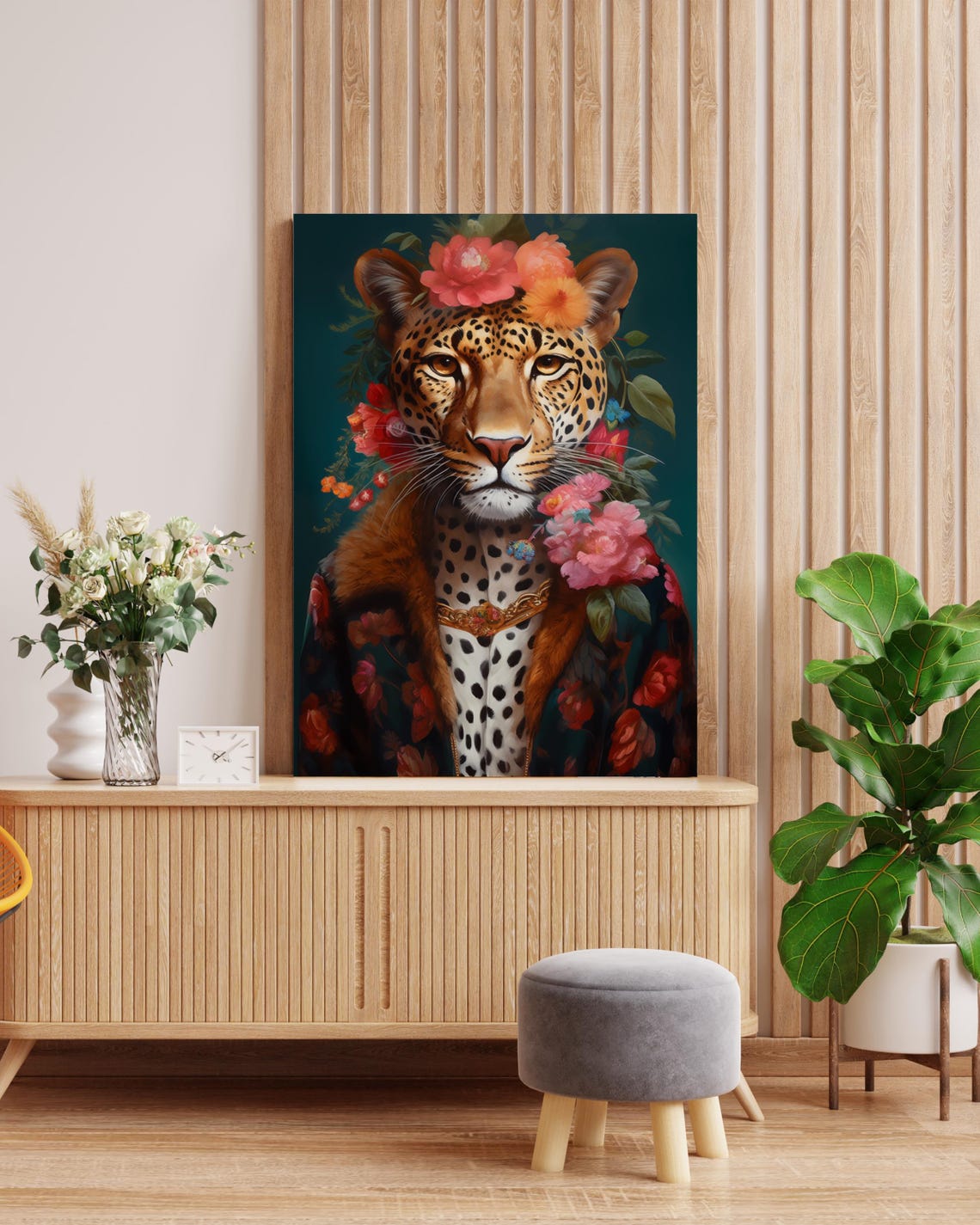 Elegant Leopard Portrait with Floral Crown and Velvet Collar Poster - Image 3