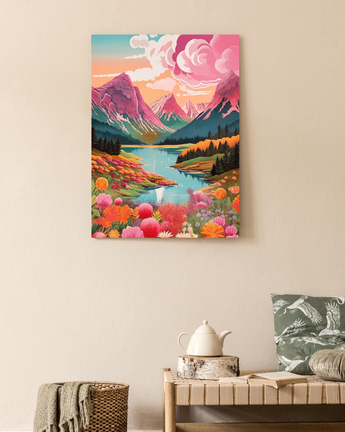 Vibrant Pink Mountain Peaks Rising over a Wildflower Lake Poster - Image 2