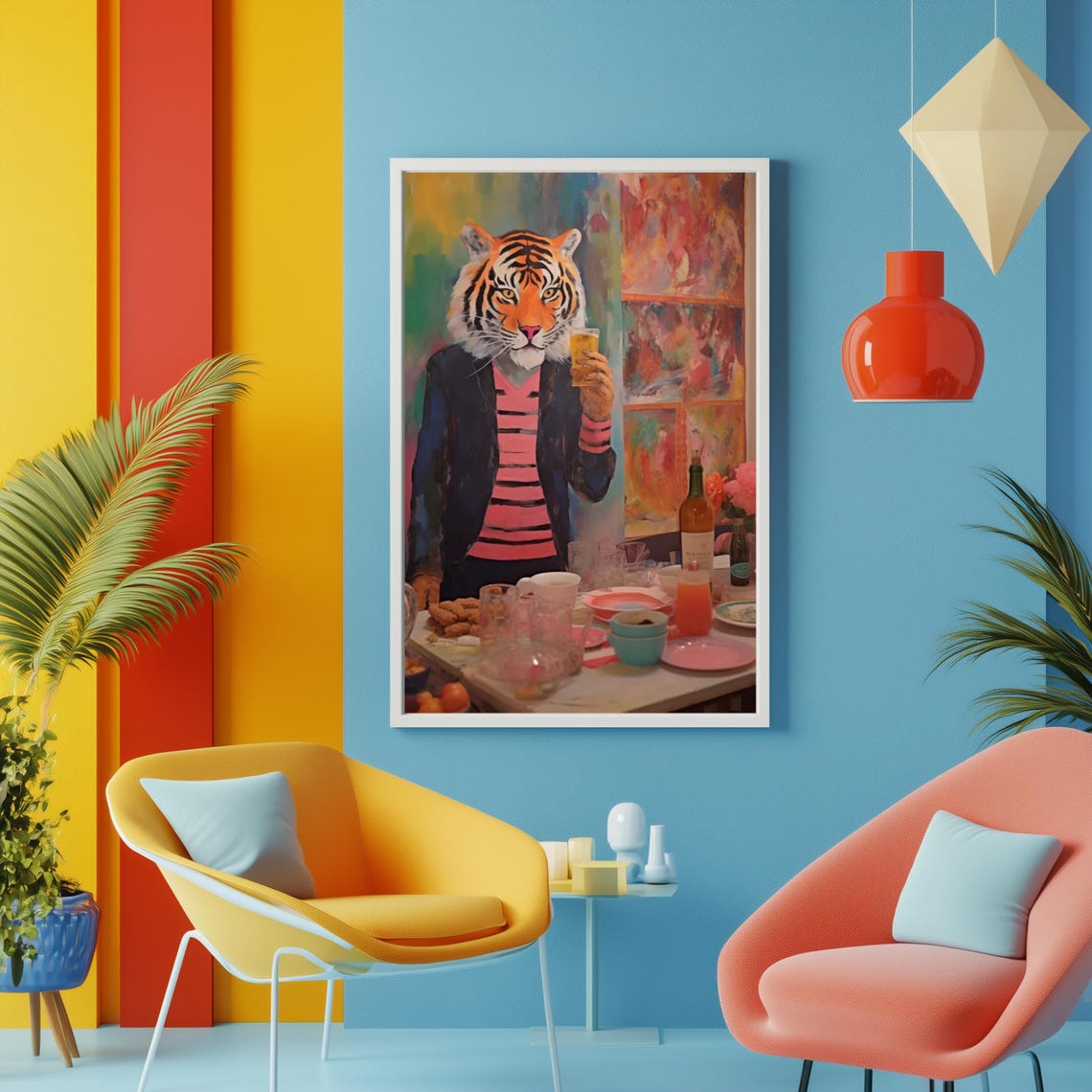 Tiger in a Navy Blazer Holding a Drink at a Party Table Poster - Image 3