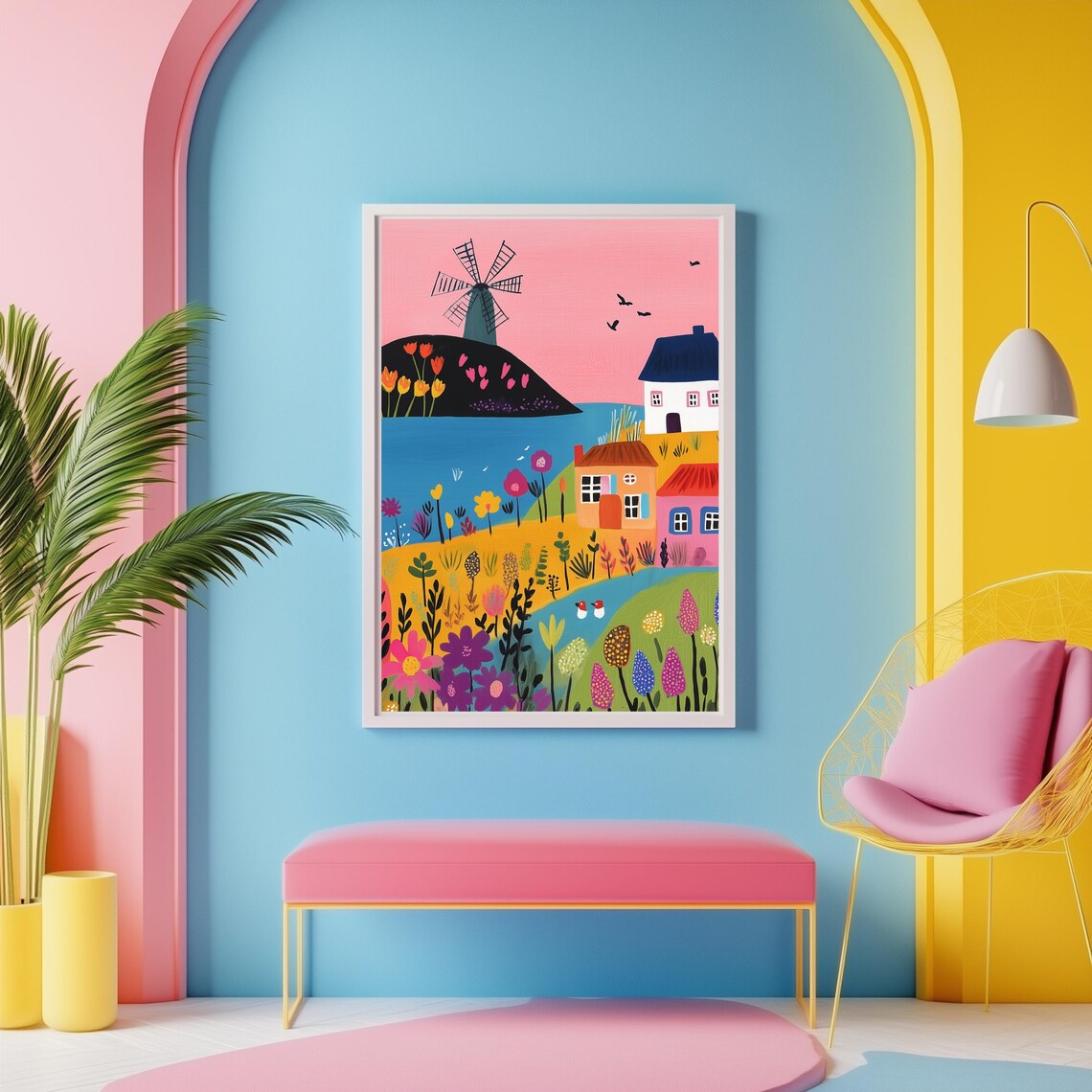 Whimsical Folk-Style Windmill Countryside Floral Cottage Art Poster - Image 2