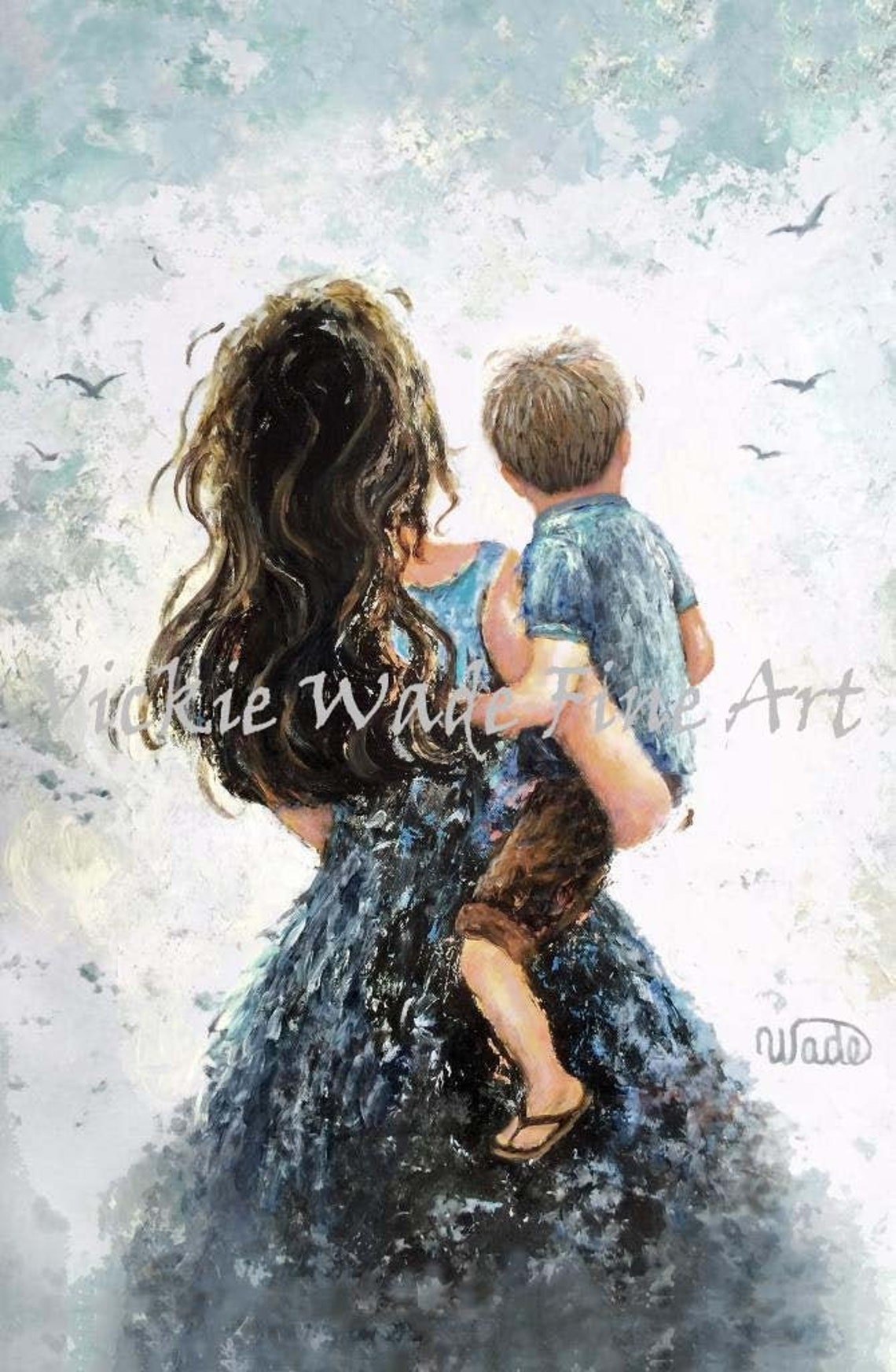 Mother Carrying Her Little Son Against a Soft Cloudy Sky Poster