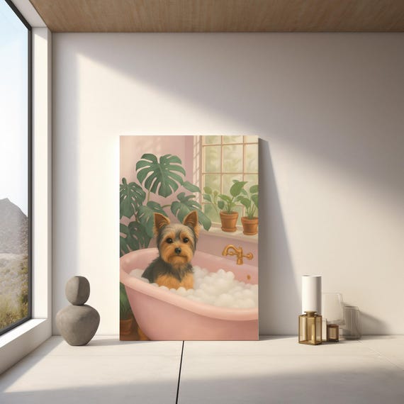 Funny Yorkshire Terrier Art Yorkie In Bathtub Print Modern Pet Wall Decor Instant