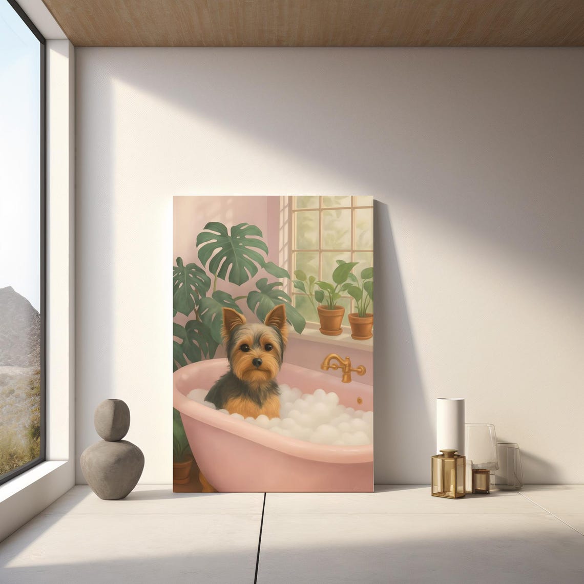 Yorkshire Terrier in Bubble Bath Cute Yorkie Pink Tub Dog Poster