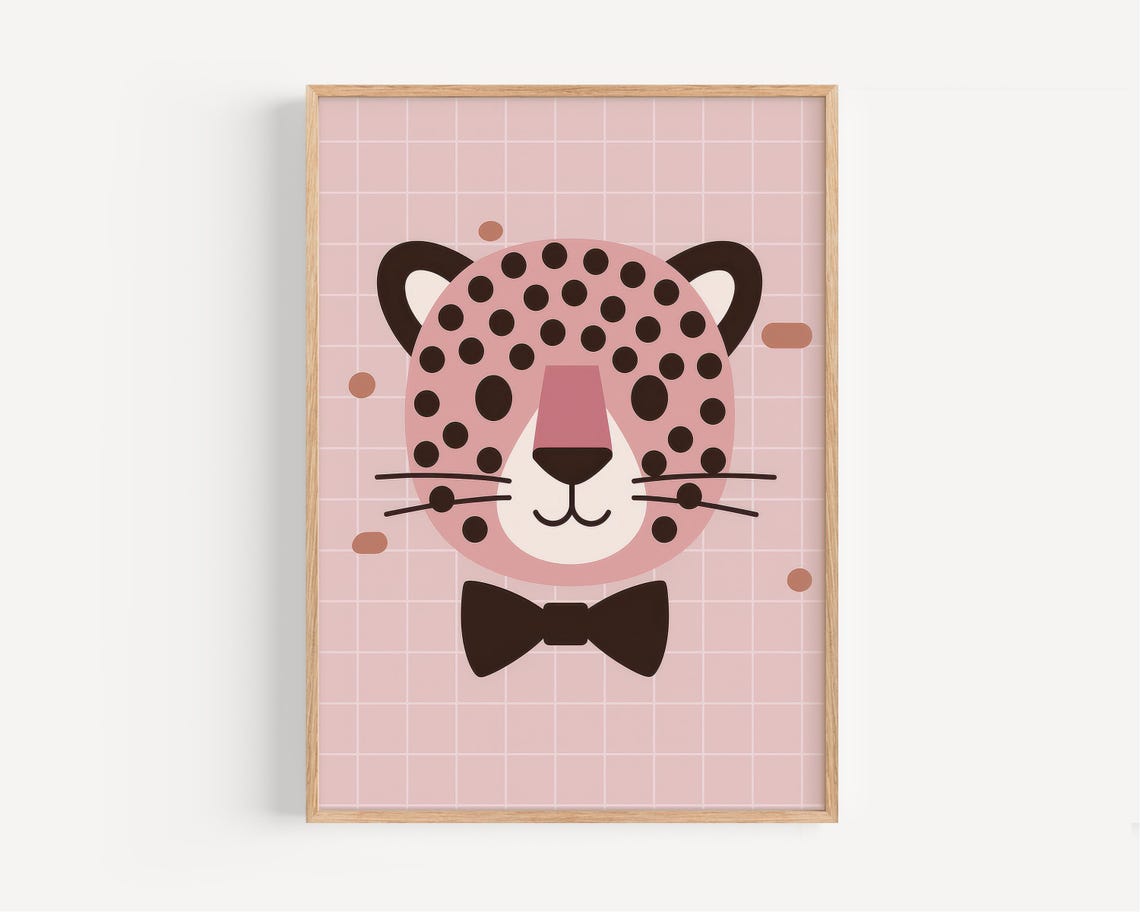 Smiling Pink Leopard Face With Bow Tie On Pink Grid Nursery Art Poster