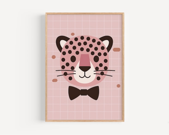 Smiling Pink Leopard Face With Bow Tie On Pink Grid Nursery Art Poster
