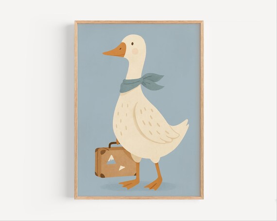 Cute Travel Goose With Suitcase Kids Nursery Animal Adventure Poster