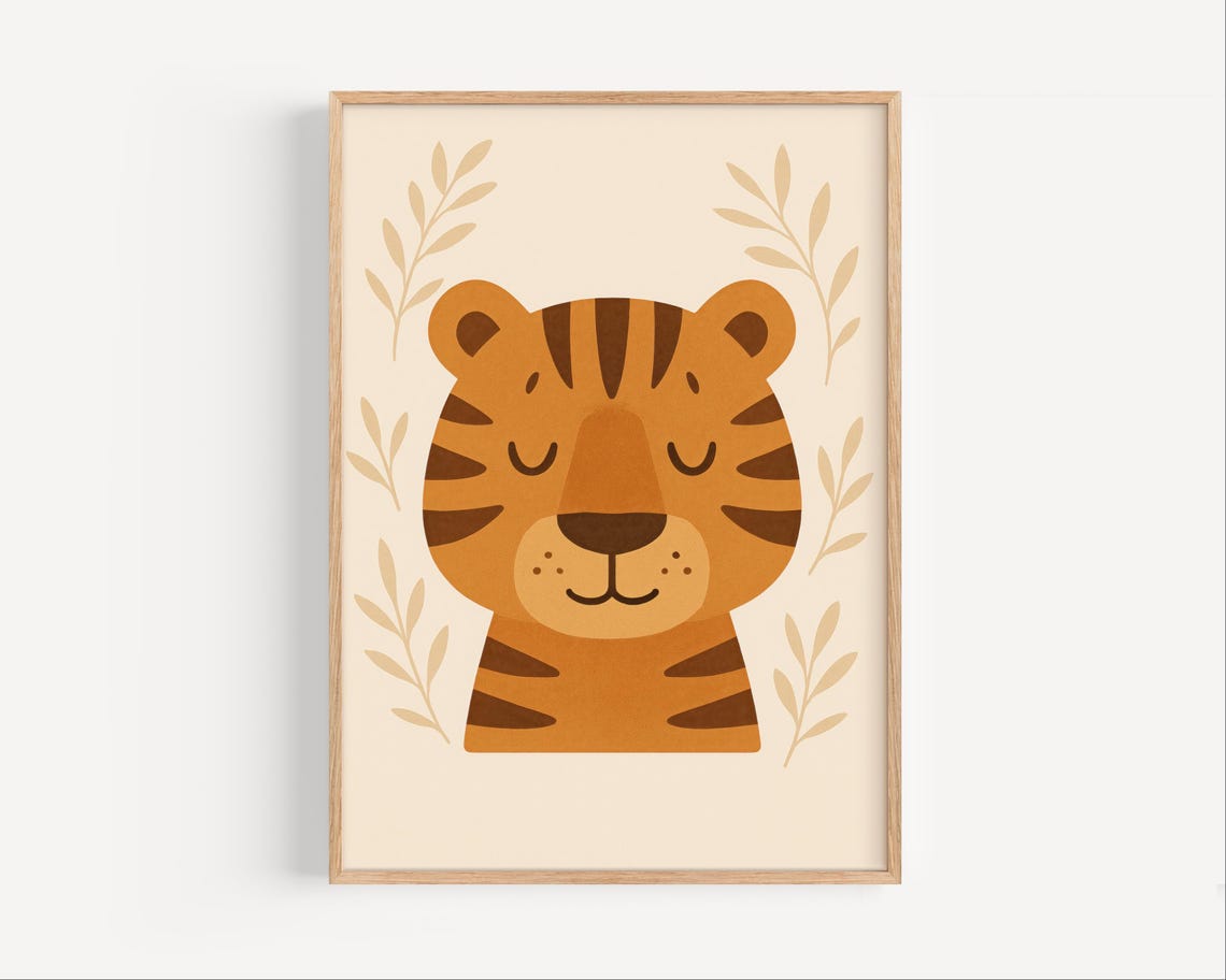 Smiling Orange Tiger Face Jungle Nursery Decor Kids Art Poster