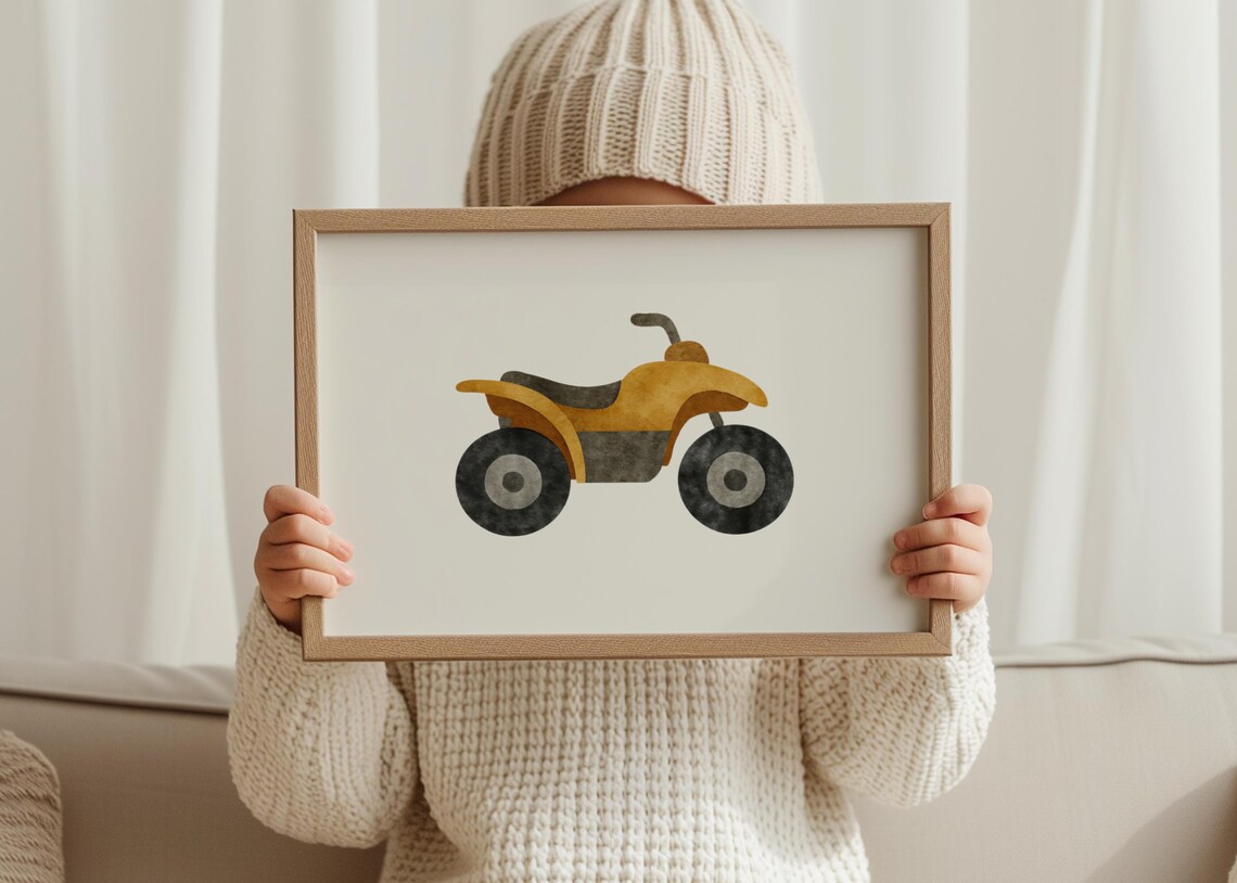 Yellow Quad Bike Watercolor Vehicle Boys Room Adventure Poster