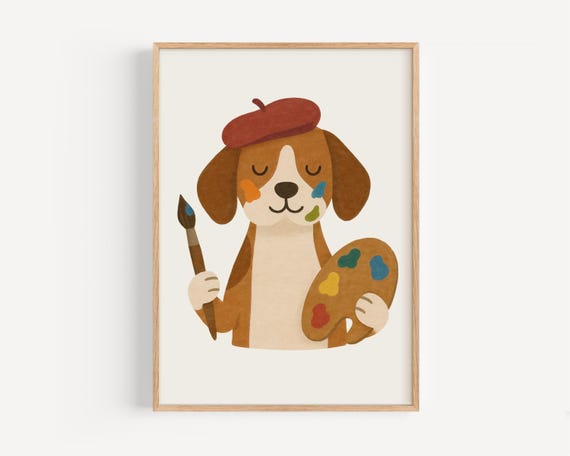 Cute Artist Dog Wall Art Painting Poster For Kids Room Nursery Decor Playroom Puppy Illustration