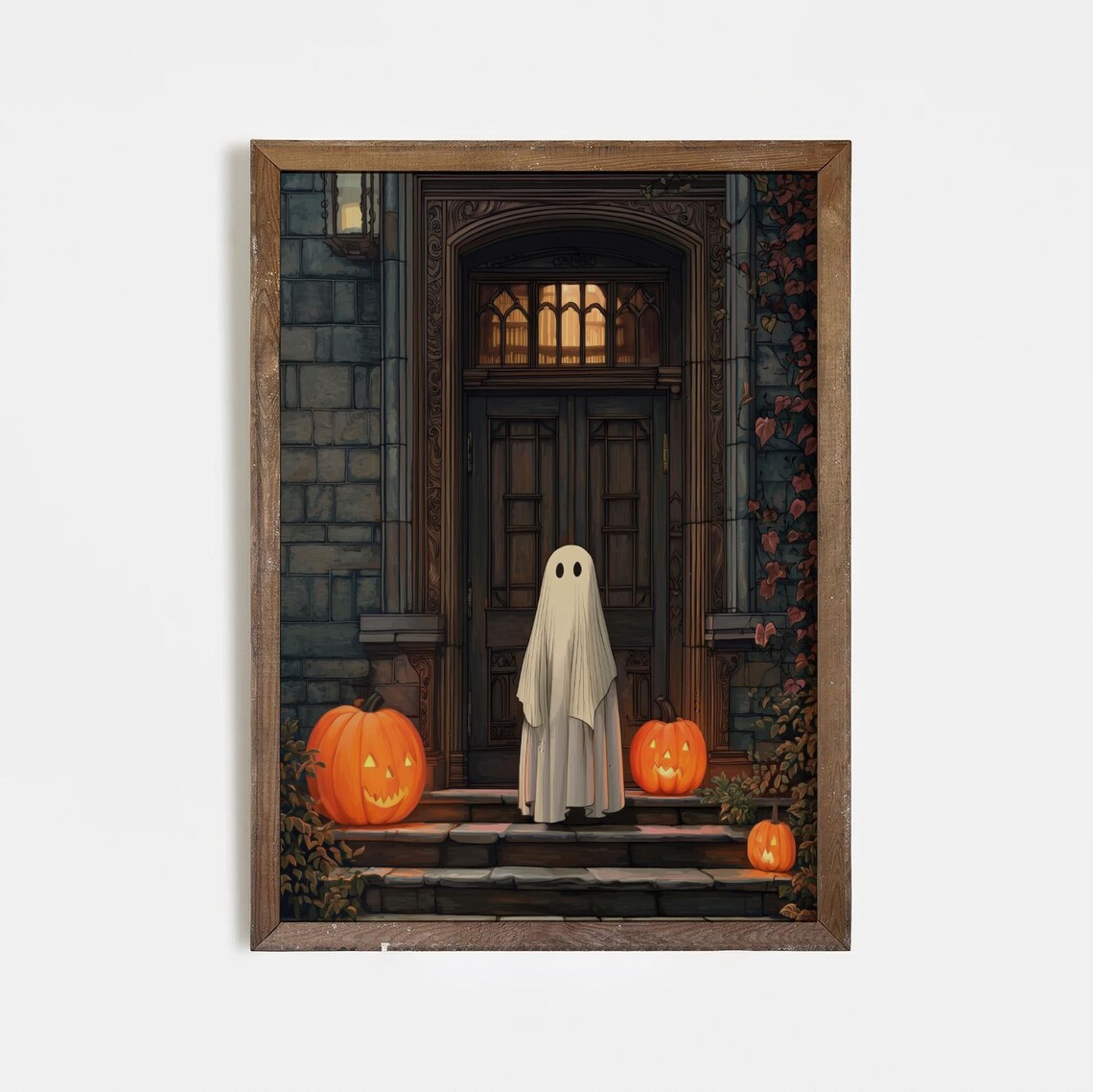 Cute Ghost at Haunted Mansion Doorstep Glowing Jack O Lanterns Poster