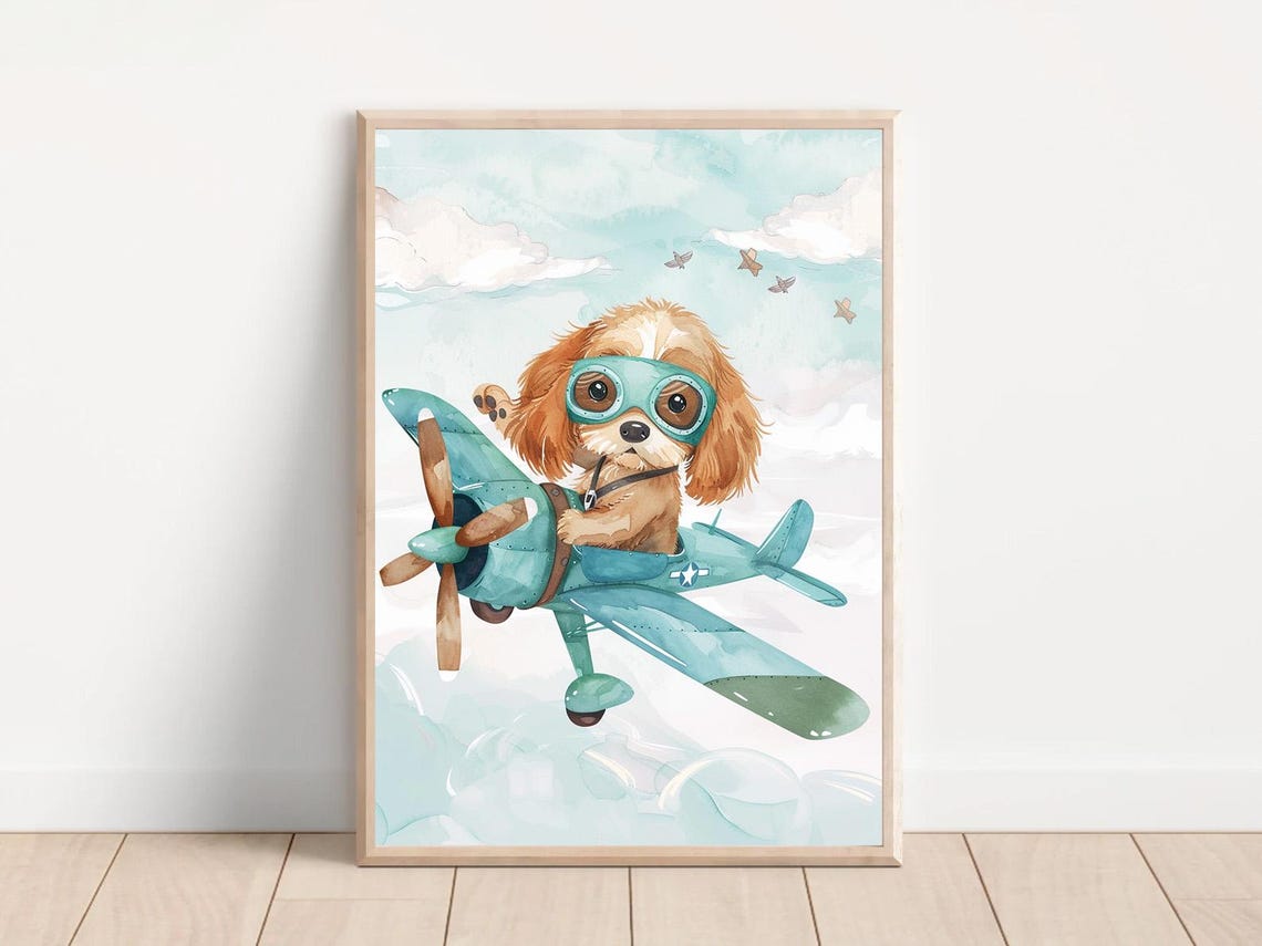 Dog Pilot Adventure Skies Poster Personalized Kids Room Wall Art Illustration For Nursery Decor