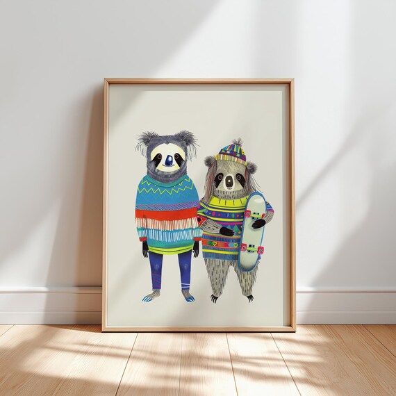 Two Shaggy Sloths Sweaters One Skateboard Cute Kids Art Poster