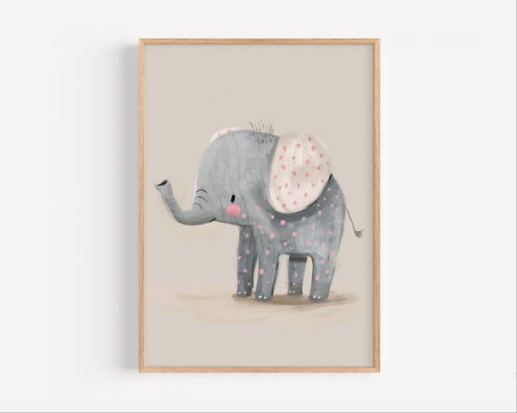 Cute Elephant Poster Gray Baby With Pink Polka Dots Nursery Animal Wall Art Kids Print
