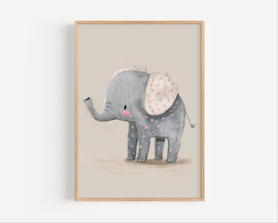 Sweet Baby Elephant With Pink Polka Dots Watercolor Nursery Poster