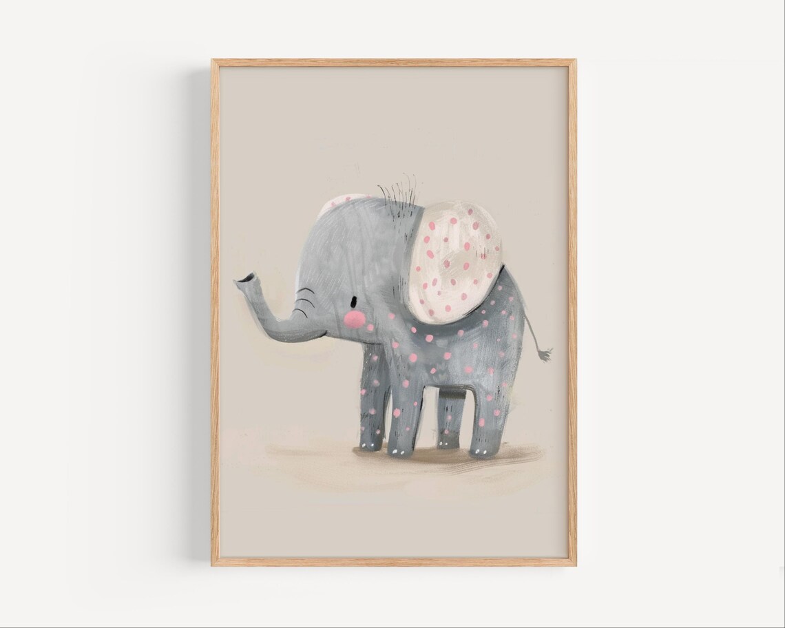 Sweet Baby Elephant With Pink Polka Dots Watercolor Nursery Poster