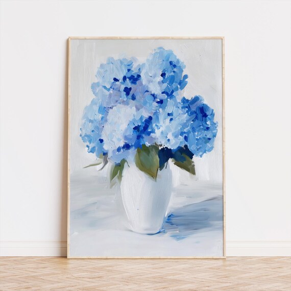 Blue Hydrangea Bouquet Poster Impressionist Floral White Vase Wall Decor