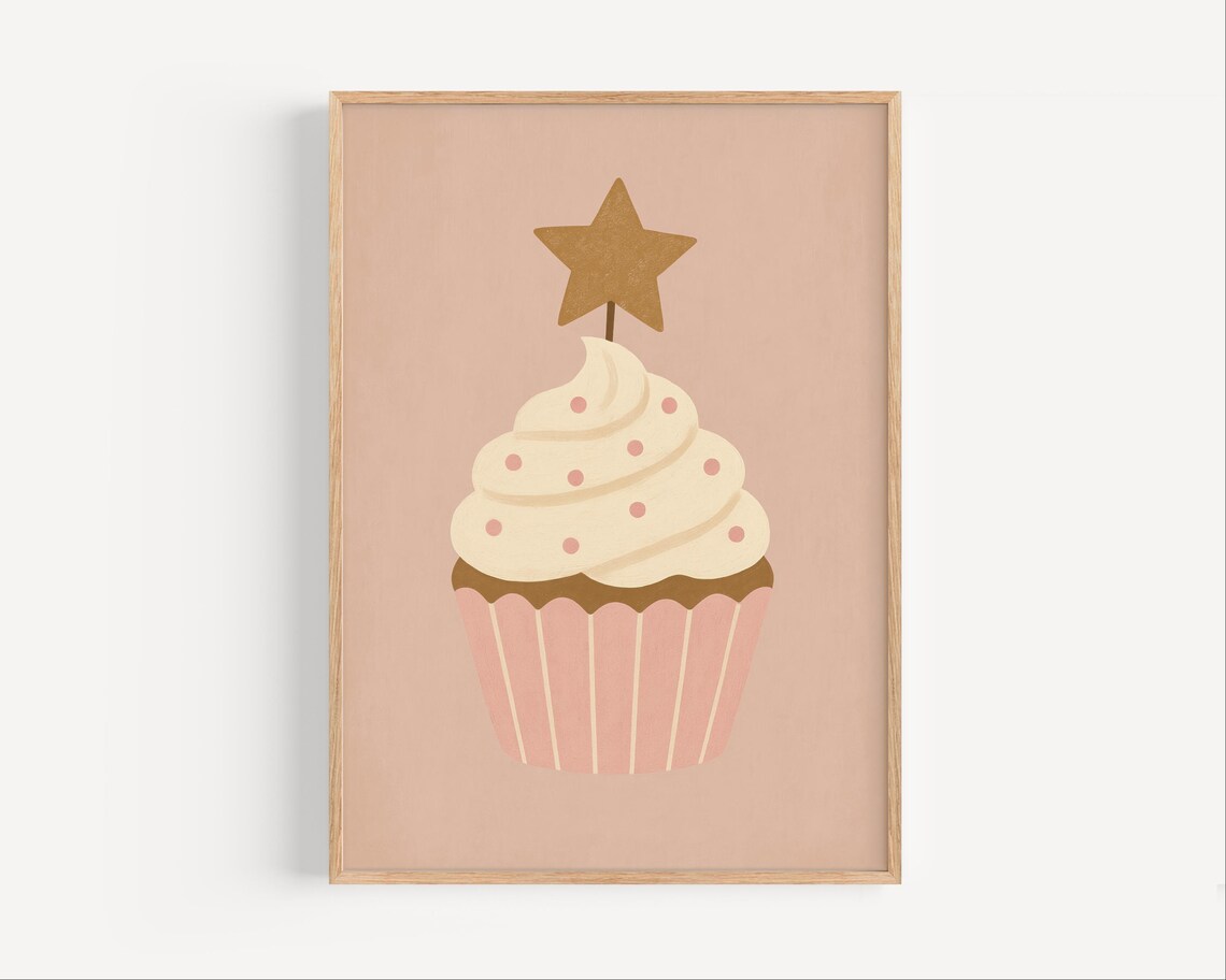 Pink Cupcake Poster with Gold Star Topper Sweet Kids Birthday Art