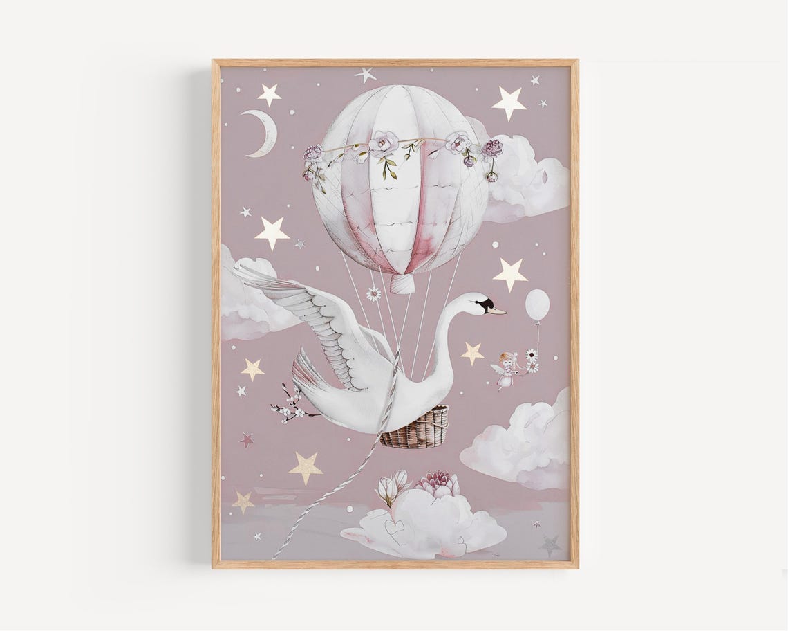 Pink Swan Wall Art For Girls Room Elegant Nursery Poster Baby Girl Bedroom Print Princess Animal Decor Whimsical Bird