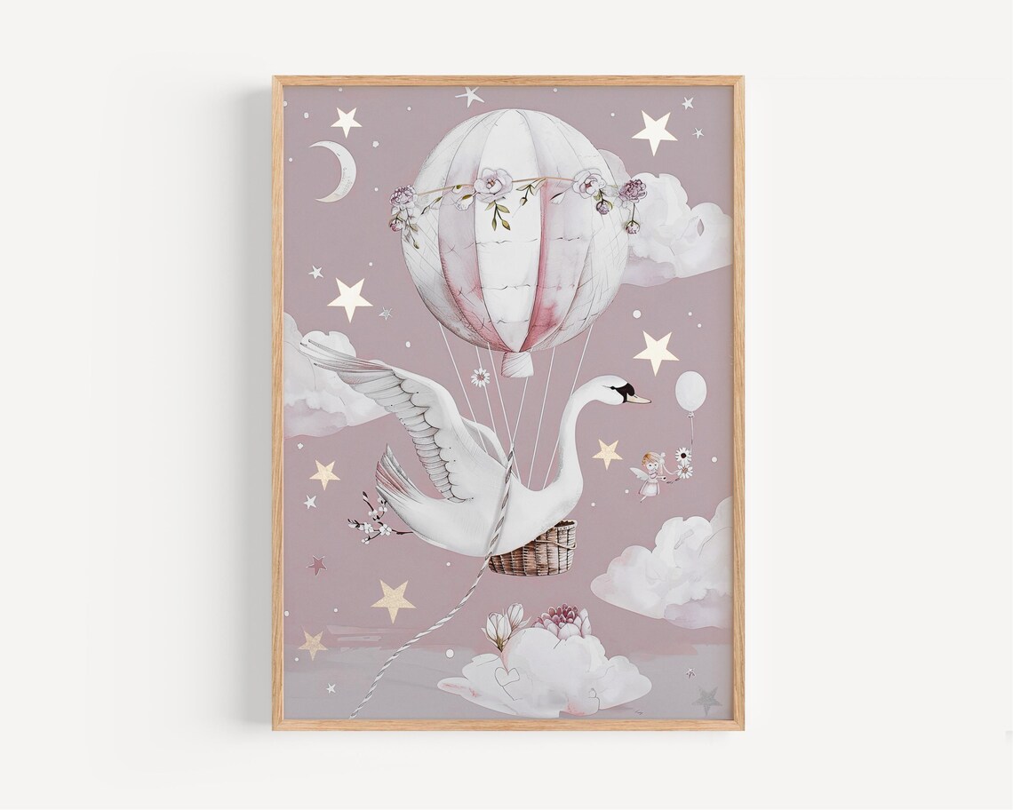 White Swan Flying With a Pink Floral Hot Air Balloon Nursery Poster