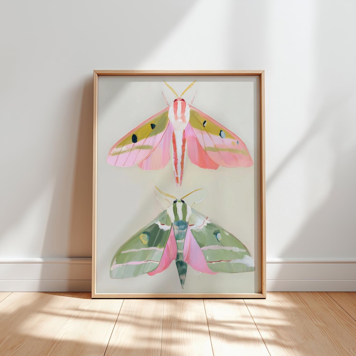 Two Colorful Moths Pink and Green Insect Painting Nursery Art Poster