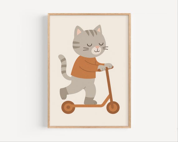 Cat On Scooter Wall Art Tabby Kitten Nursery Print Cute Animal Poster For Baby Room Kids Decor