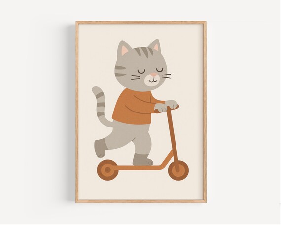 Smiling Tabby Cat Riding Orange Scooter Nursery Kids Room Poster