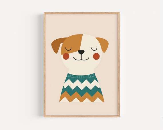 Whimsical Dog In Dress Illustration Poster For Kids Room Nursery Wall Art Baby Gift
