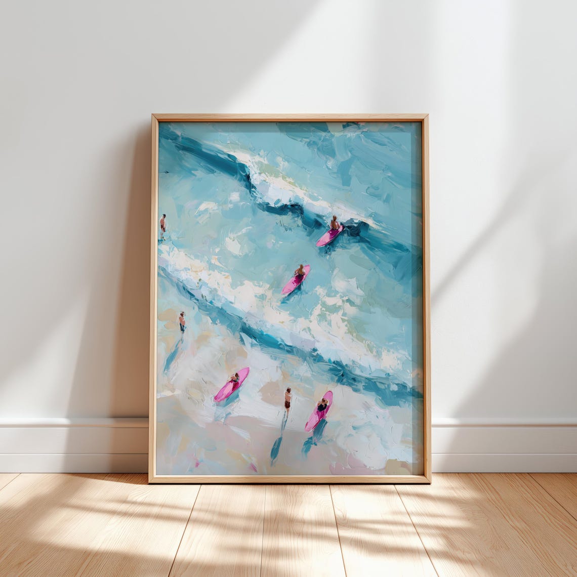 Surfers With Pink Boards Aerial Ocean Waves Beach Art Poster