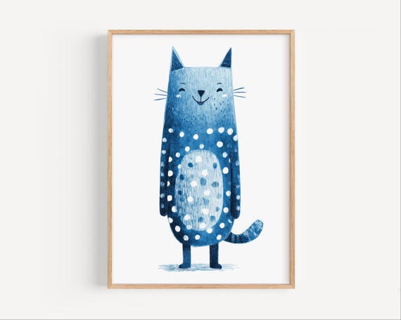 Blue Cat Wall Art For Kids Room Cute Polka Dot Nursery Print Whimsical Animal Poster Boy Or Girl Scandinavian Style Decor
