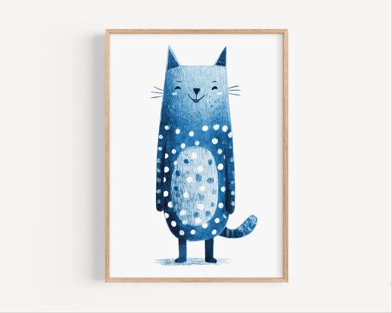 Smiling Blue Polka Dot Cat Scandinavian Kids Room Nursery Poster