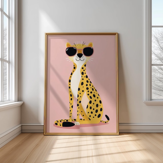 Cool Leopard In Sunglasses Pink Background Kids Animal Poster