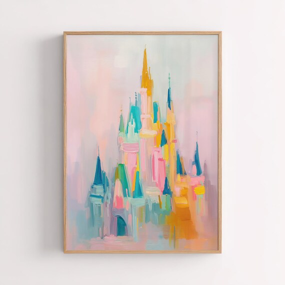 Pastel Fantasy Castle Print Whimsical Princess Kingdom Wall Art Modern Nursery Playroom Decor Magical Pink