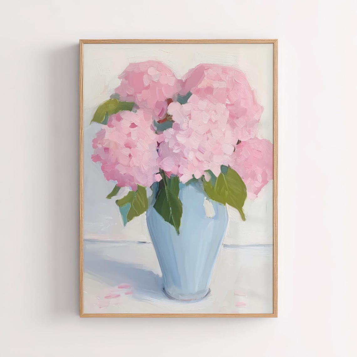 Pink Hydrangea Blooms In Blue Vase Pastel Floral Bouquet Wall Art