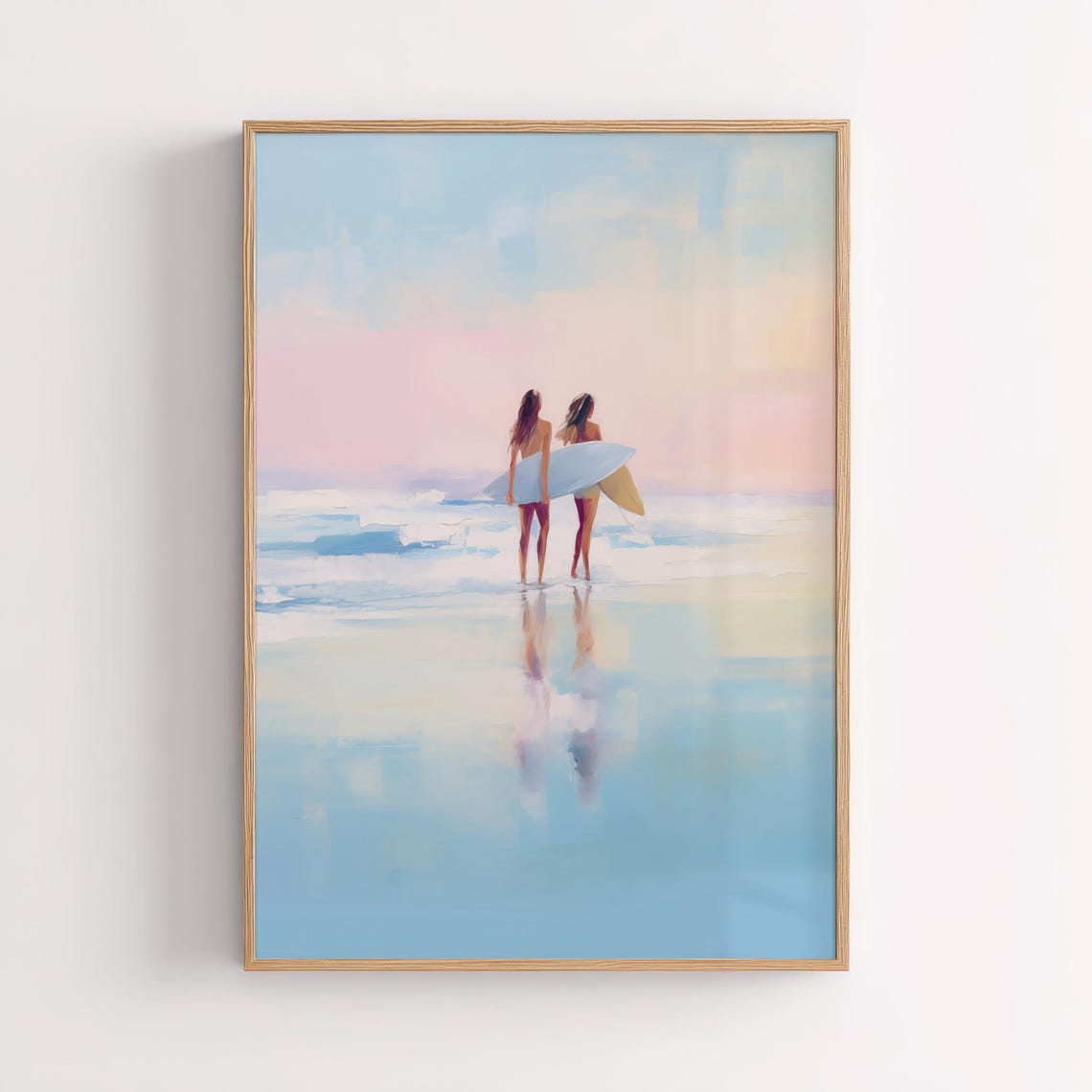 Two Surfer Sisters Walking On Pastel Sunset Beach Art Poster