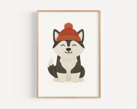 Husky Dog Winter Hat Nursery Art Cute Wall Decor For Kids Room Or Baby Gift File