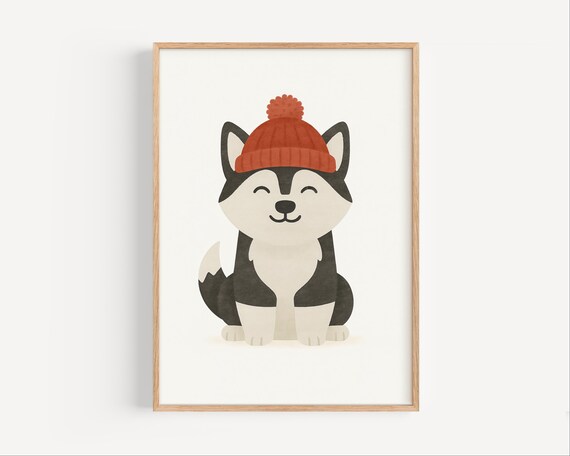 Smiling Cute Husky Puppy Wearing Red Pom Beanie Winter Wall Art