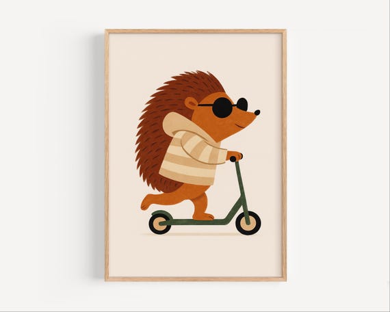 Cool Hedgehog On Scooter Poster Wall Art Print For Kids Room Decor Funny Animal Nursery