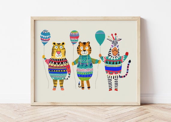 Balloon Animals Art Print Tiger Zebra Kids Wall Funny Animal Poster For Nursery Playroom Illustration
