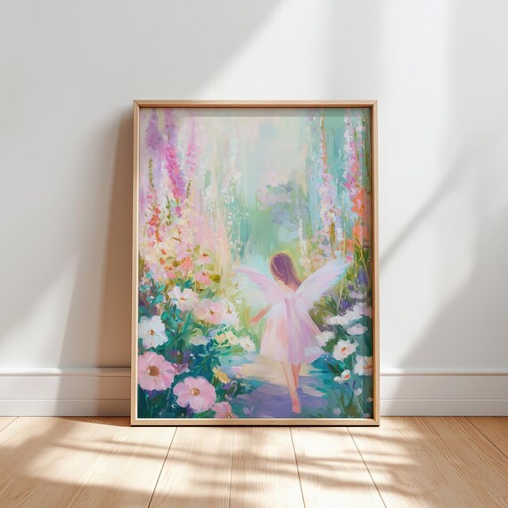 Fairy In A Garden Painting Magical Pastel Wall Art Print Colorful Pink Girls Room Girly Whimsical Nursery