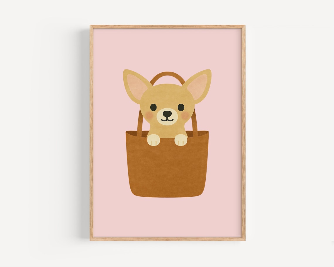 Cute Chihuahua Puppy Peeking Out Of Handbag Pink Nursery Wall Art
