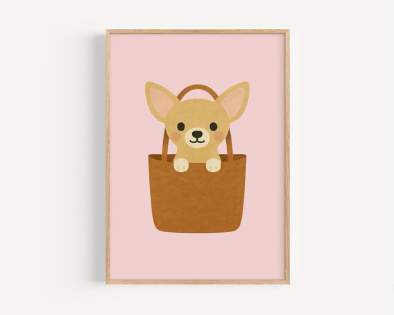 Cute Chihuahua Puppy Peeking Out Of Handbag Pink Nursery Wall Art