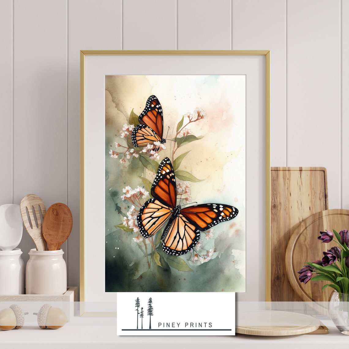 Two Monarch Butterflies With Blossoms Watercolor Nature Art Poster - Image 3