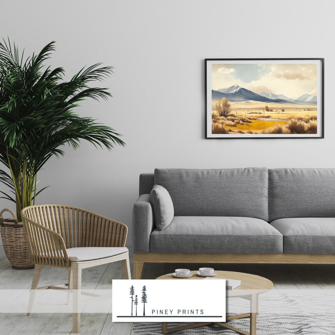 Snow Capped Mountain Valley Golden Field Watercolor Art Poster - Image 4