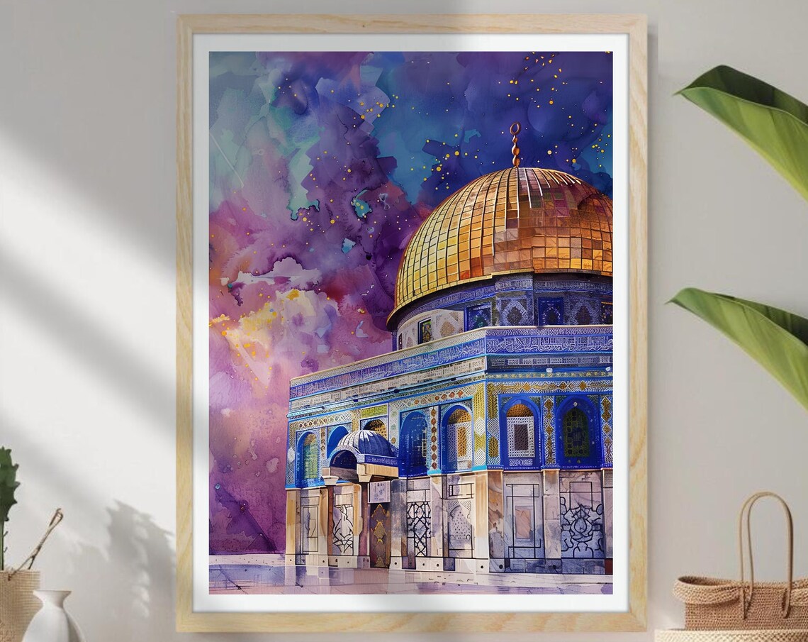 Dome Of The Rock Jerusalem Golden Dome Night Watercolor Poster