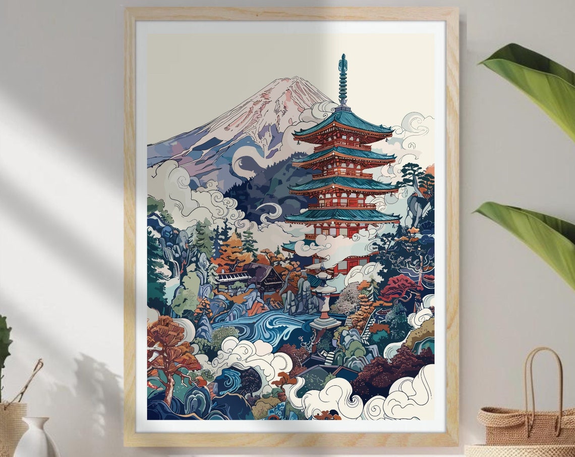 Japanese Pagoda Shrine Woodblock Print, Zen Garden